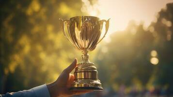 Trophy cup with gold confetti flying around people's hands holding it up photo