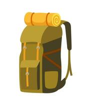 Colorful backpack for traveling, hiking, camping. Tourist retro back pack. Classic styled hiking backpack with sleeping bag. Camp and hike bag. Vector illustration.