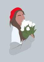 niña en un rojo boina con un ramo de flores de tulipanes vector ilustración