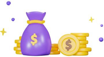 3d purple money bag with dollar icon. The pile of coins in cute cartoon style. png