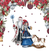 composizione di Santa Claus con Natale bastone, lungo bianca barba nel rosso cappotto con neve fanciulla nel un' blu cappotto. png