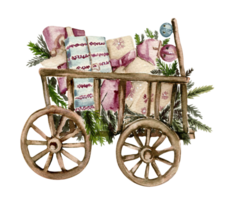 Wooden cart with present boxes. png