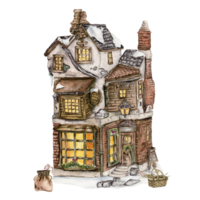 Watercolor Winter house with a wood covered roof and light in windows png