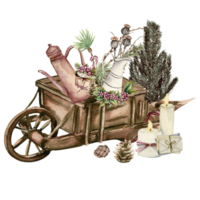 Wooden cart with present boxes. png