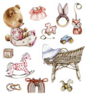 Set of watercolor baby toys and teddy bear. Wood kids toys watercolor hand drawn. Educational wooden blocks and objects for toddlers png