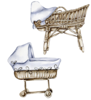 Set of watercolor baby wicker cradle. png