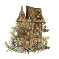 Watercolor Winter house with a wood covered roof and light in windows png
