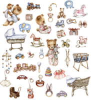 Set of watercolor baby toys and teddy bear. Wood kids toys watercolor hand drawn. Educational wooden blocks and objects for toddlers. png