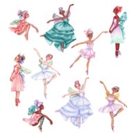 uppsättning av tecknad serie fe- i rosa, lavendel och blå klänning med magi vingar. png