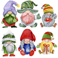 Watercolor scandinavian Christmas gnomes. Christmas decoration and characters. Watercolor elements. png