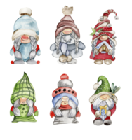 Watercolor scandinavian Christmas gnomes. Christmas decoration and characters. Watercolor elements. png