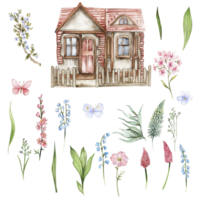 Wildflowers set and country house. png