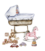 Composition of watercolor baby toys and teddy bear. png