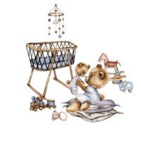 Komposition von Aquarell Baby Spielzeuge und Teddy tragen. png