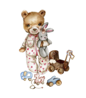 Composition of watercolor baby toys and teddy bear. png