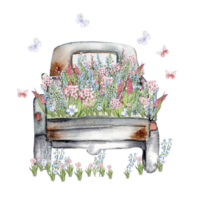 Aquarell Komposition mit Blumen und Bauernhof Wagen. png