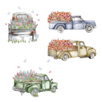 Watercolor composition with flowers and farm car. png