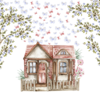 Watercolor composition of an old wooden farm house and flowers . png