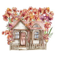 Watercolor composition of an old wooden farm house and flowers . png