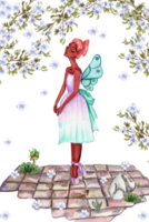 Composition with cartoon fairy with magic wings, flowers and butterflies. png