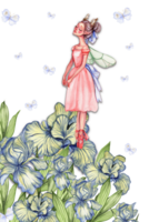 Composition with cartoon fairy with magic wings, flowers and butterflies. png