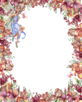 Watercolor square spring garden full of flowers frame in cartoon style with a flower fairy. png