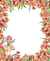 Watercolor square spring garden full of flowers frame in cartoon style with a flower fairy. png