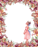 Watercolor square spring garden full of flowers frame in cartoon style with a flower fairy. png