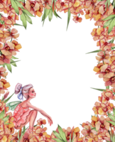 acuarela cuadrado primavera jardín lleno de flores marco en dibujos animados estilo con un flor hada. png