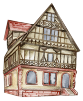 Watercolor illustration of an old wooden half-timbered country house . png