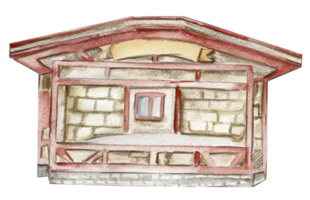 Watercolor illustration of an old wooden trade fair shop . png