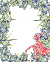 Watercolor square spring flowers frame in cartoon style with a flower fairy. png