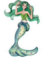 acuarela sirena niña con largo cabello. png