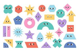 Cute cartoon geometric shapes characters. Basic abstract geometry figures with cartoon faces. Trendy educational objects for preschool kids vector