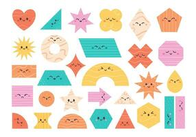 Cute cartoon geometric shapes characters. Basic abstract geometry figures with cartoon faces. Trendy educational objects for preschool kids vector
