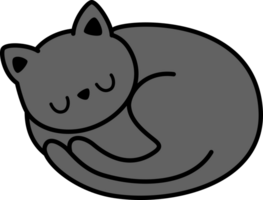 svart katt ringlad upp sovande platt stil klotter tecknad serie element png