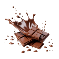 chocolate pieces falling on chocolate sauce with isolated on a transparent background png