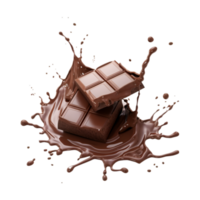 chocolate pieces falling on chocolate sauce with isolated on a transparent background png