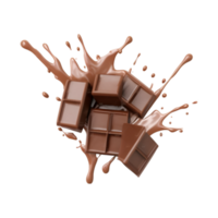 chocolate pieces falling on chocolate sauce with isolated on a transparent background png