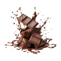 chocolate pieces falling on chocolate sauce with isolated on a transparent background png