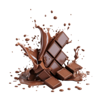 chocolate pieces falling on chocolate sauce with isolated on a transparent background png