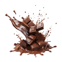 chocolate pieces falling on chocolate sauce with isolated on a transparent background png