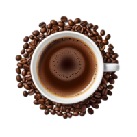 cup of black coffee with coffee beans, top view isolated on a transparent background png