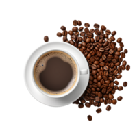 cup of black coffee with coffee beans, top view isolated on a transparent background png