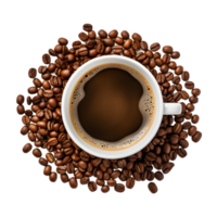 cup of black coffee with coffee beans, top view isolated on a transparent background png