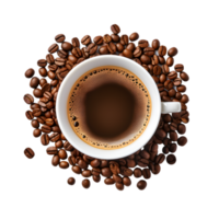 cup of black coffee with coffee beans, top view isolated on a transparent background png