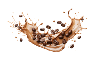 coffee splash wave with coffee beans isolated on a transparent background png