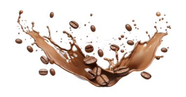 coffee splash wave with coffee beans isolated on a transparent background png