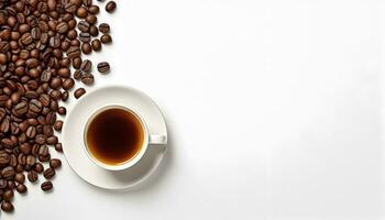 cup of black coffee with coffee beans, top view isolated on a transparent background photo
