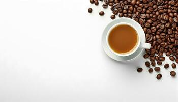 cup of black coffee with coffee beans, top view isolated on a transparent background photo